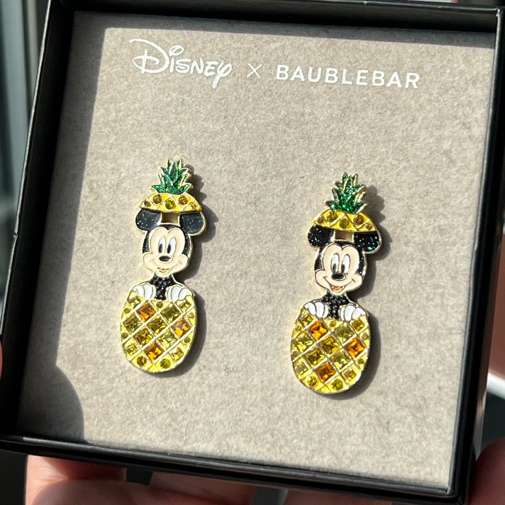 BaubleBar x Disney Mickey Mouse Pineapple Earrings with rhinestones.